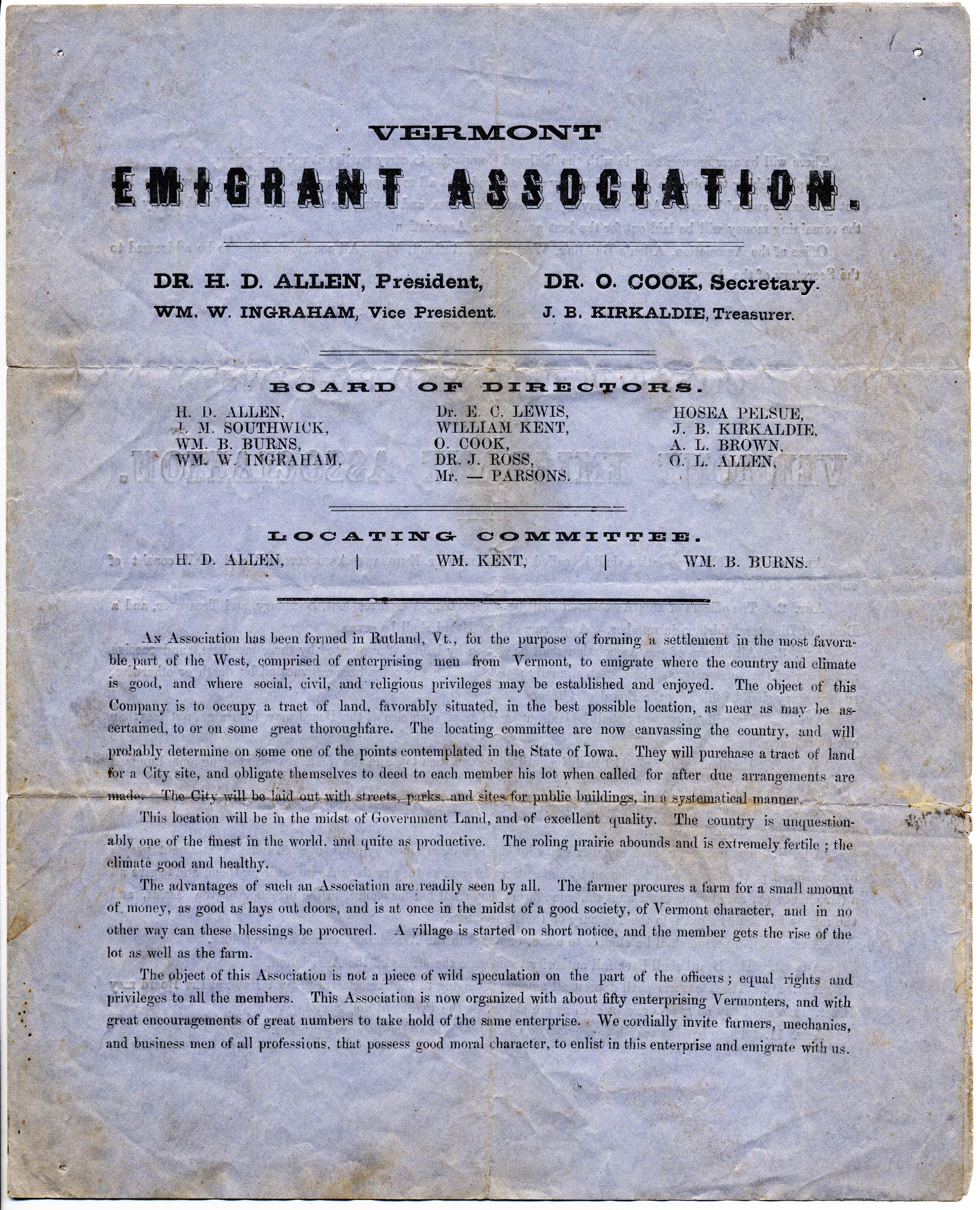 Vermont Emigrant Association flyer